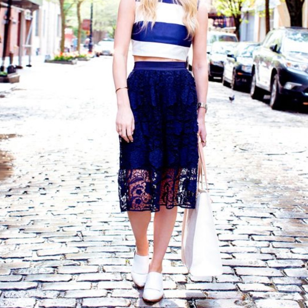 Ann Taylor Trellis Lace Midi Skirt Navy